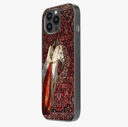 Royal Rider Tapestry Glass Case photographed in natural light showing reflective finish and design depth.