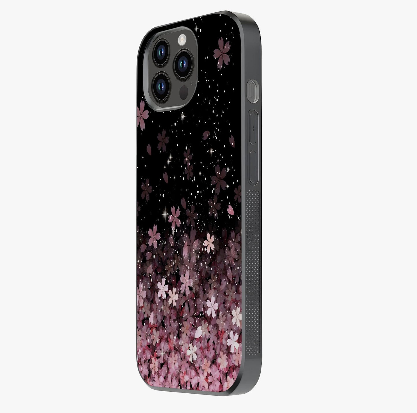 Small Starry Flowers Glass Case photographed in natural light showing reflective finish and design depth.