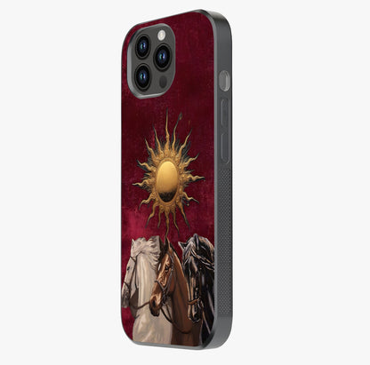 Solar Riders Glass Case photographed in natural light showing reflective finish and design depth.