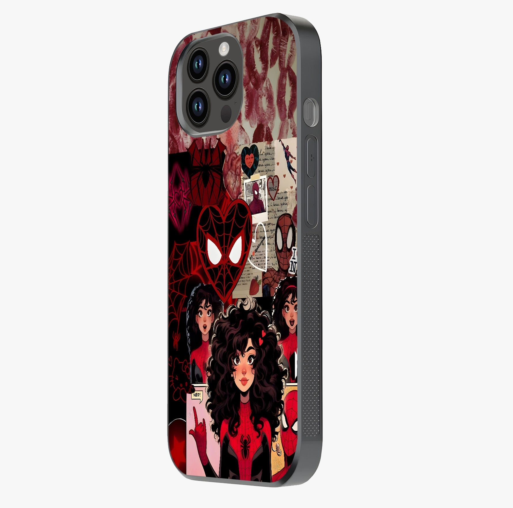 Spider Love Story Glass Case photographed in natural light showing reflective finish and design depth.