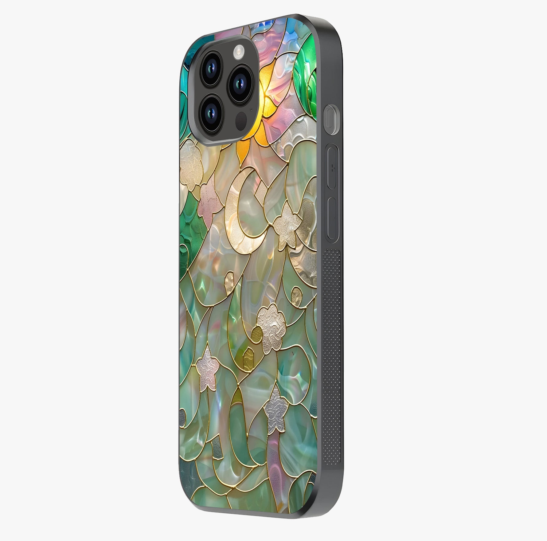 Stained Sunrise Glow Glass Case photographed in natural light showing reflective finish and design depth.