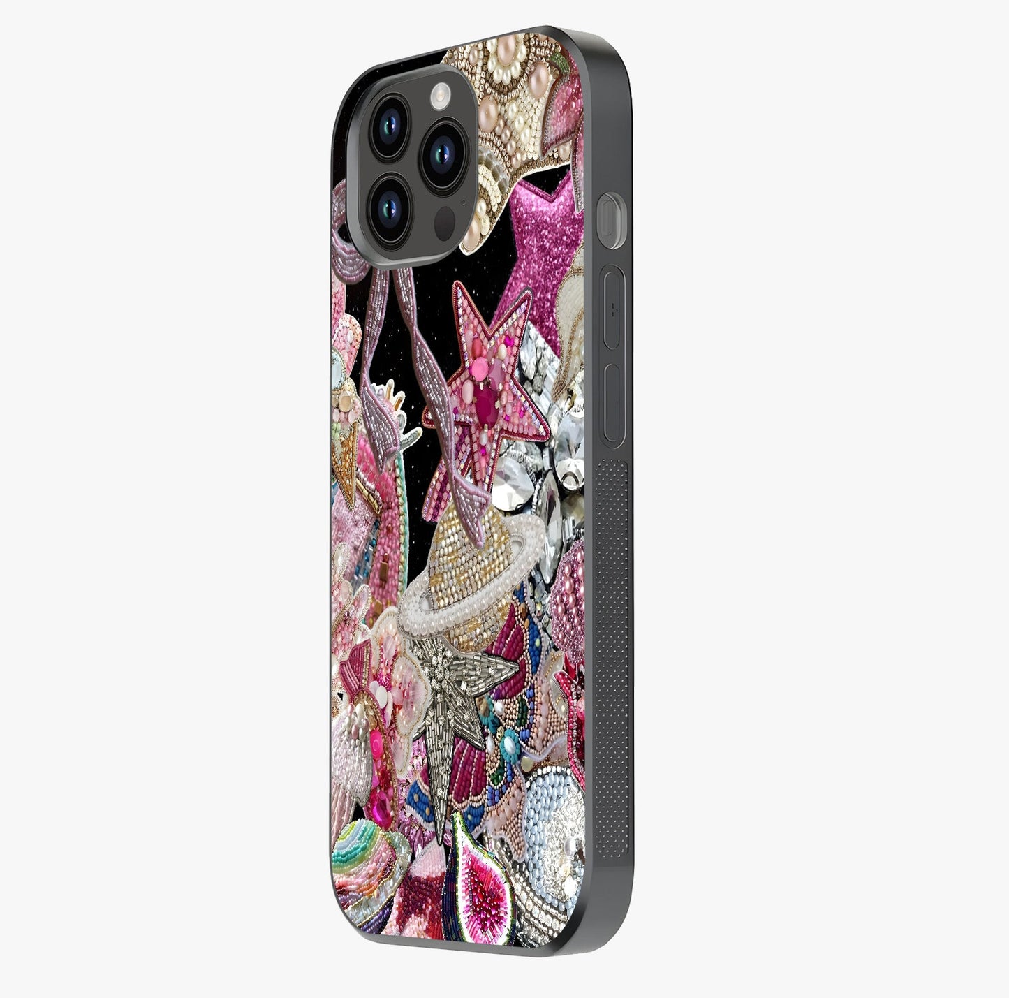 Starlit Jewel Dream Glass Case photographed in natural light showing reflective finish and design depth.