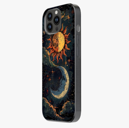 Sun And Moon Magic Design Glass Case photographed in natural light showing reflective finish and design depth.