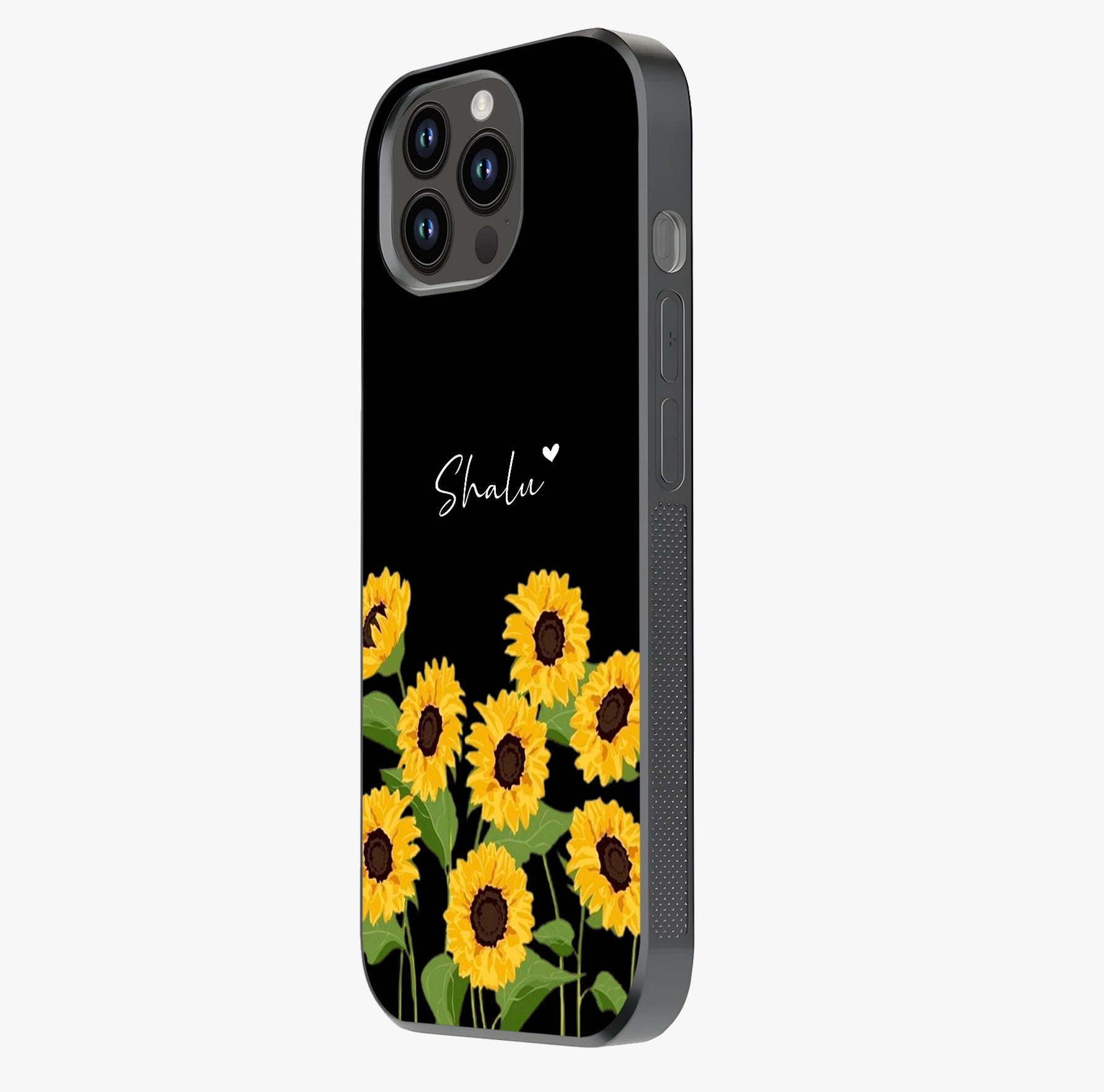 Sunflower Chic Mood Custom Name Glass Case photographed in natural light showing reflective finish and design depth.