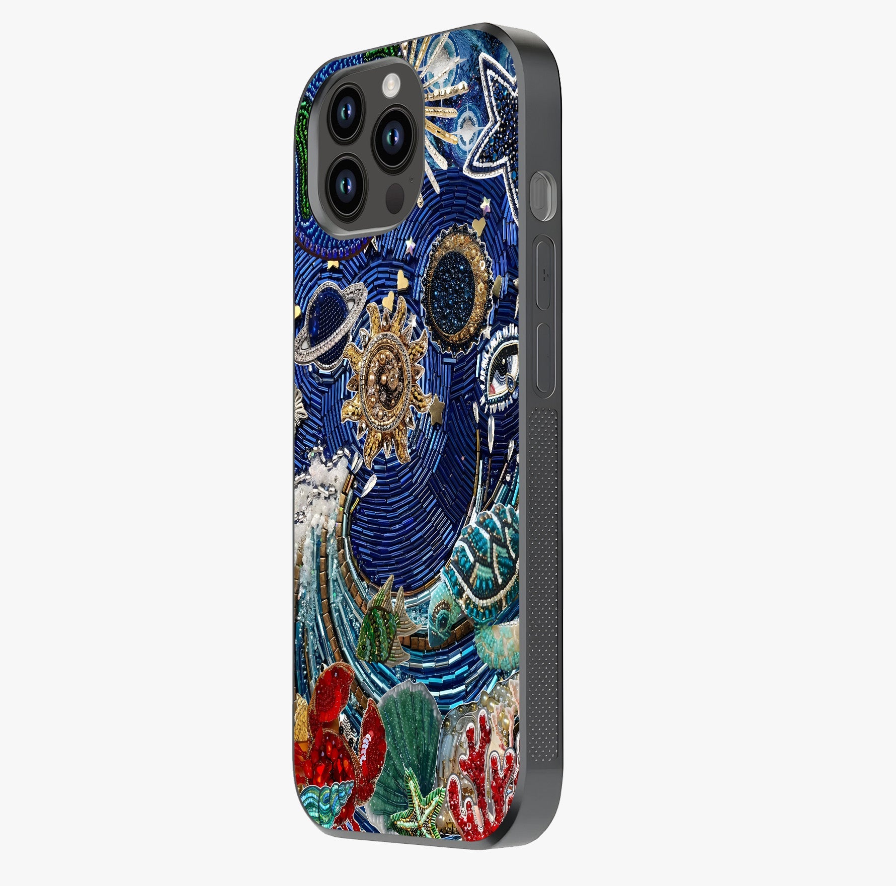 Universe Underwater Spark Glass Case photographed in natural light showing reflective finish and design depth.