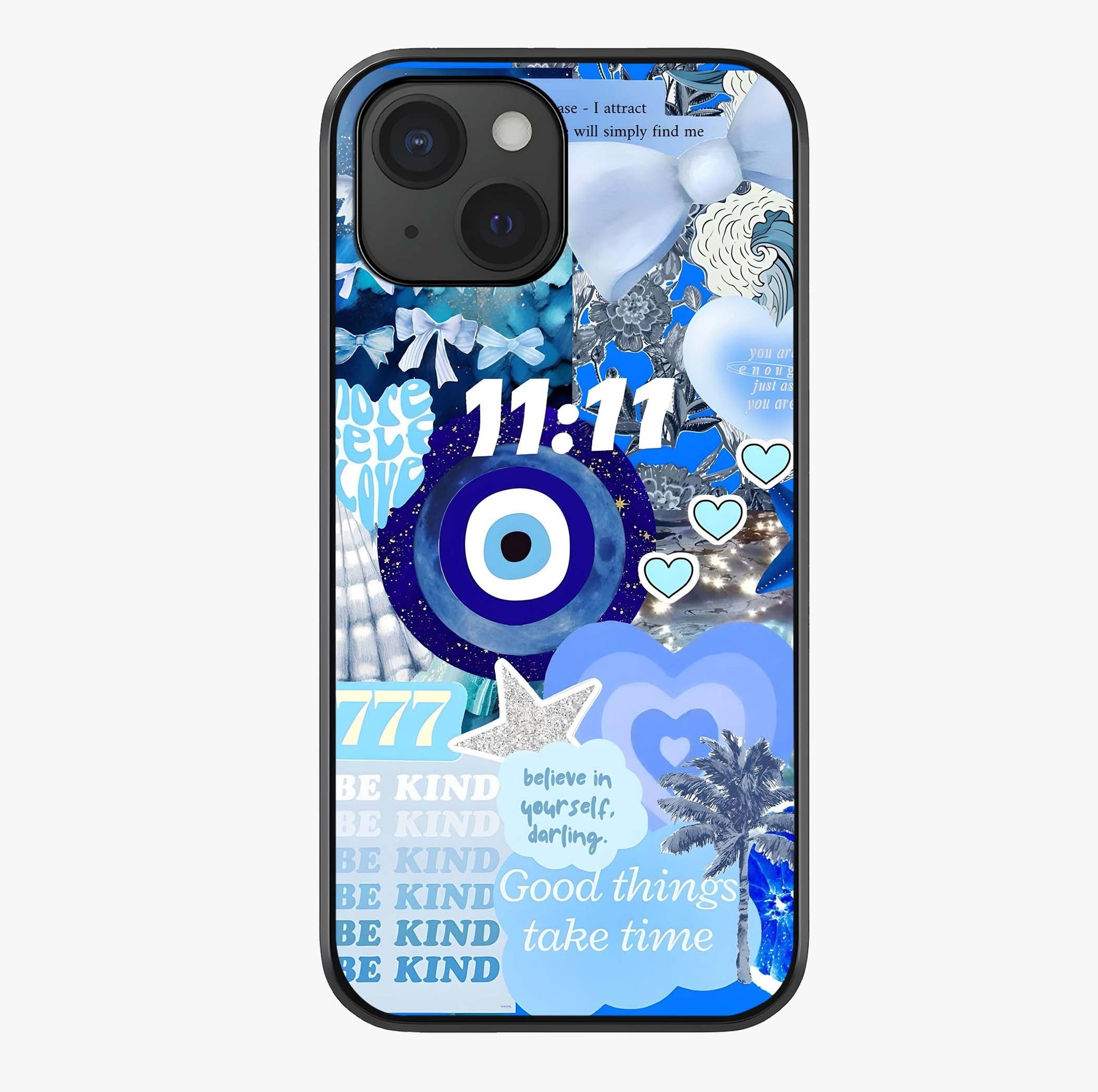 Aesthetic Be Kind Eye Glass Case showing full back design in clean flat view with glossy glass finish.