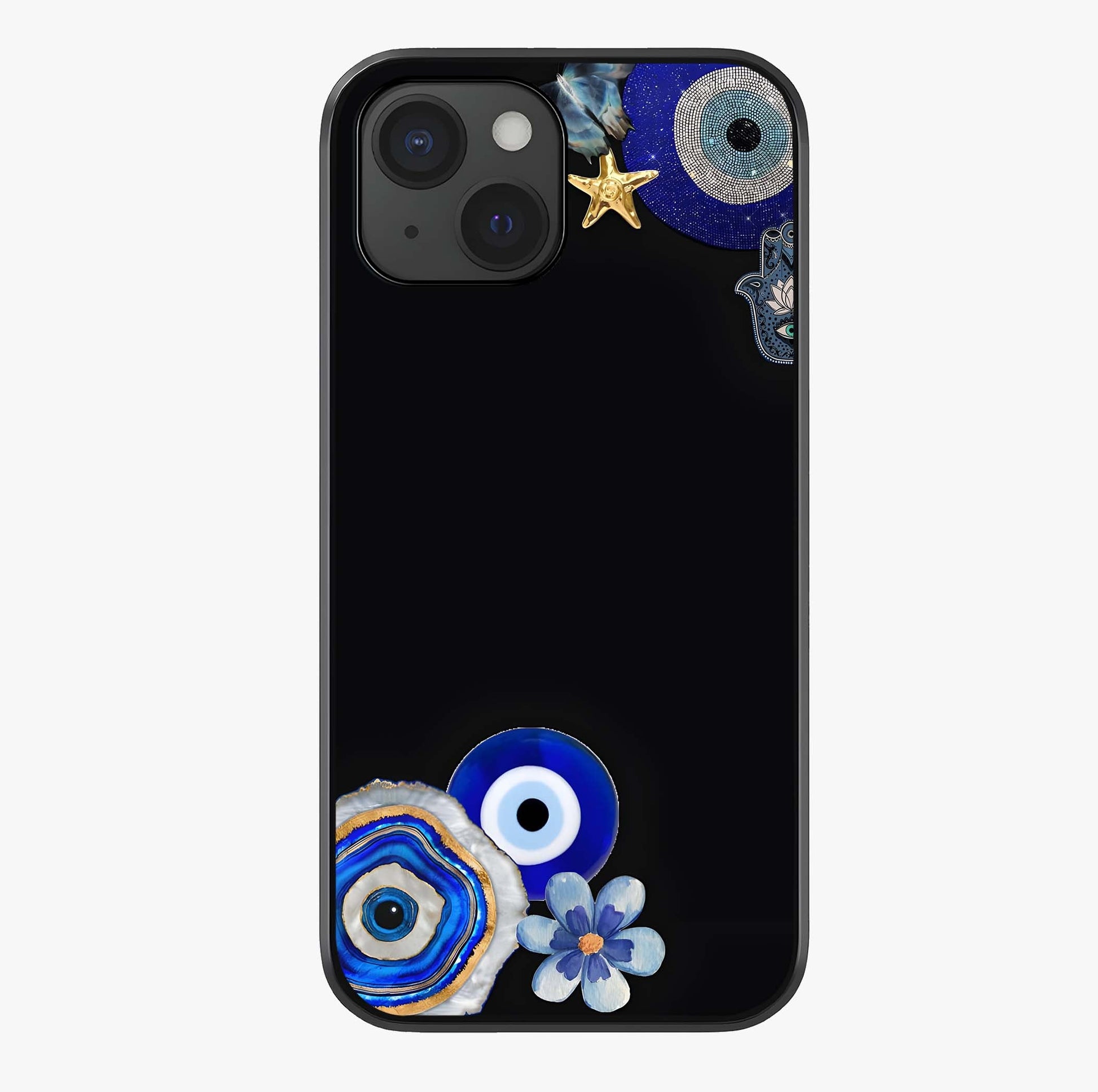 Aesthetic Blue Evil Eye Glass Case showing full back design in clean flat view with glossy glass finish.