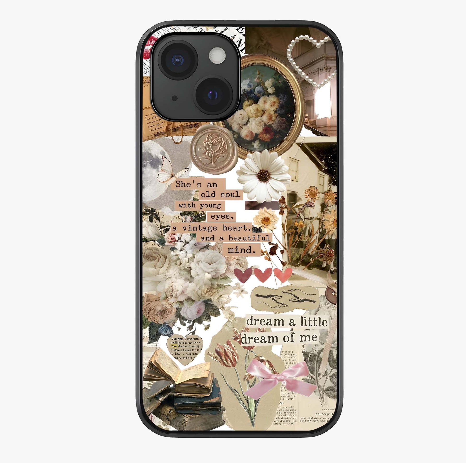 Aesthetic Brown Vintage Collage Glass Case showing full back design in clean flat view with glossy glass finish.