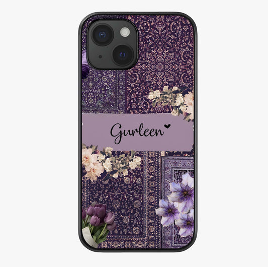 Antique Floral Whisper Custom Name Glass Case showing full back design in clean flat view with glossy glass finish.