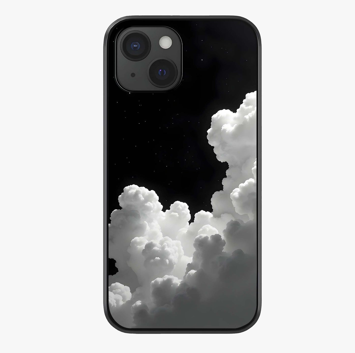 Black Background With White Cloud Glass Case showing full back design in clean flat view with glossy glass finish.