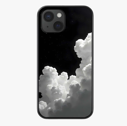 Black Background With White Cloud Glass Case showing full back design in clean flat view with glossy glass finish.