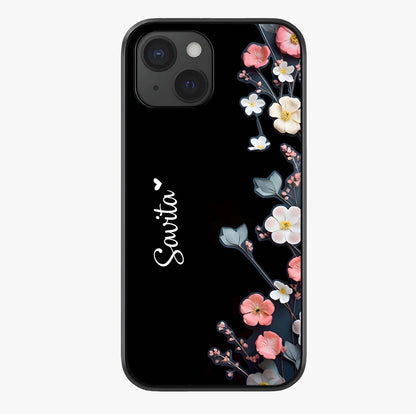 Black Elegance Floral Custom Name Glass Case showing full back design in clean flat view with glossy glass finish.