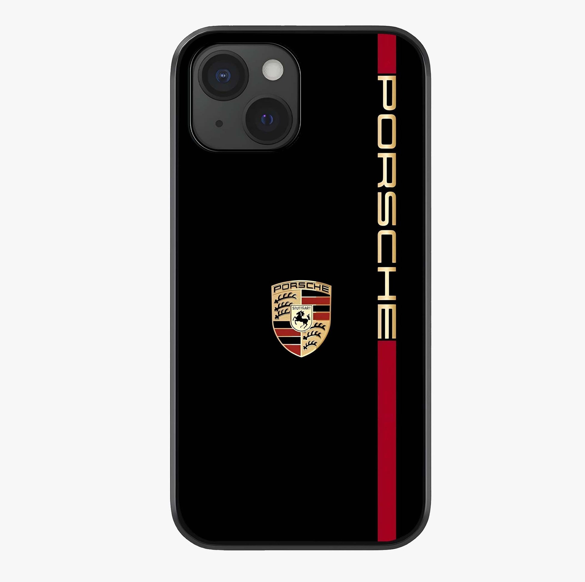 Black Minimal Porsche Glass Case showing full back design in clean flat view with glossy glass finish.