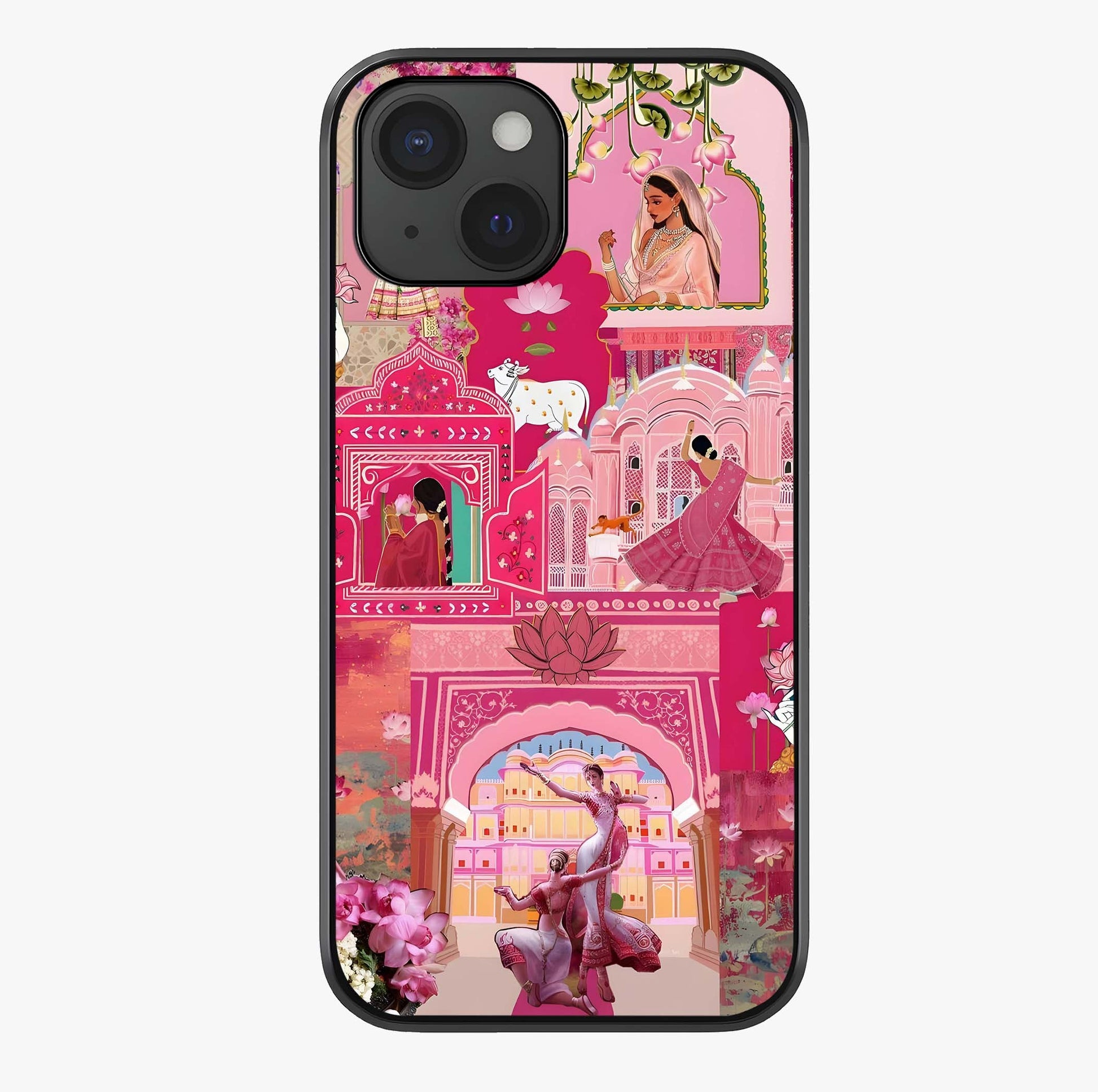 Blossoms Of Rajasthan Glass Case showing full back design in clean flat view with glossy glass finish.
