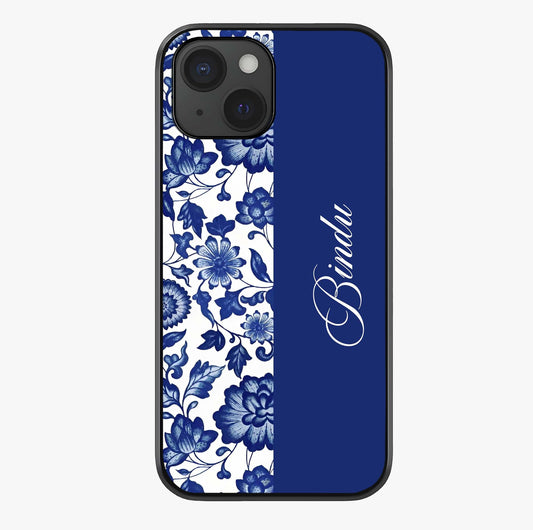 Blue Vintage Floral Pattern Glass Case showing full back design in clean flat view with glossy glass finish.