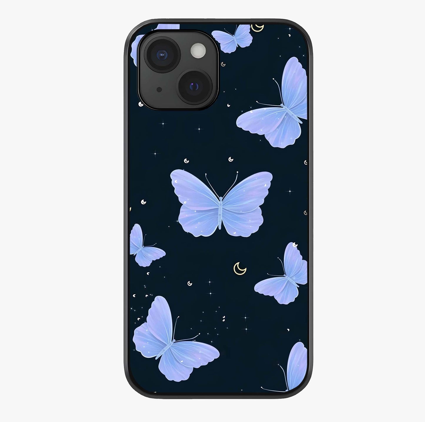 Butterfly With Stars Pattern Glass Case showing full back design in clean flat view with glossy glass finish.
