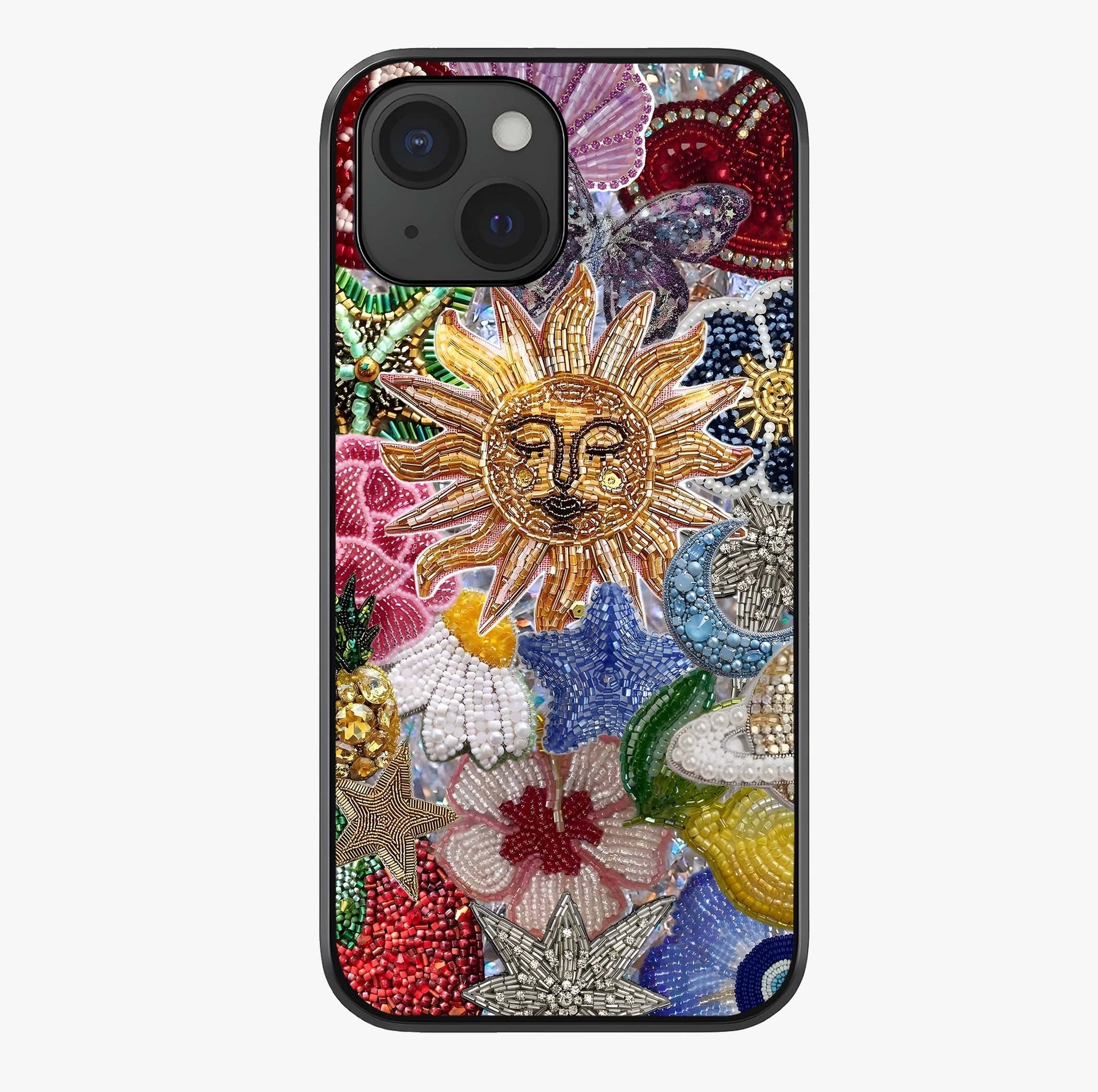 Celestial Floral And Playful Glass Case showing full back design in clean flat view with glossy glass finish.