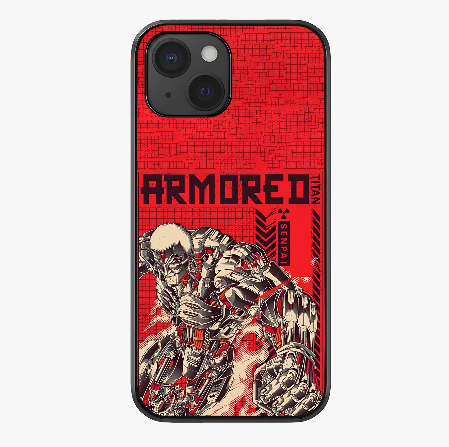 Crimson Mecha Titan Glass Case showing full back design in clean flat view with glossy glass finish.