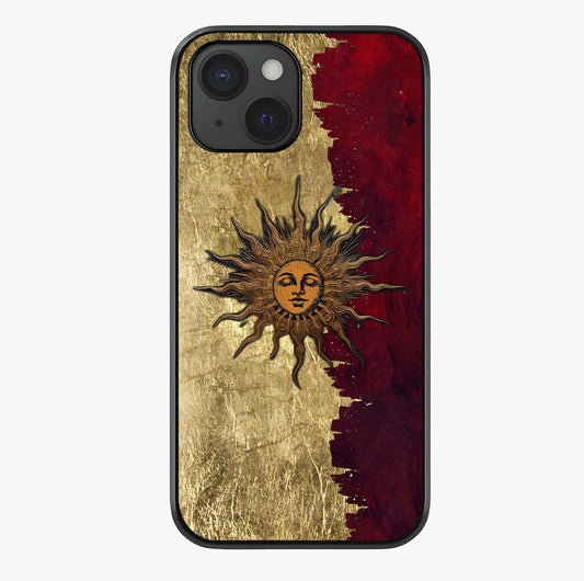 Crimson Sun Majesty Glass Case showing full back design in clean flat view with glossy glass finish.