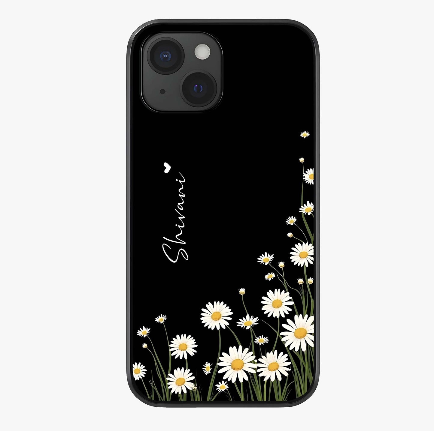 Daisy Cascade Custom Name Glass Case showing full back design in clean flat view with glossy glass finish.