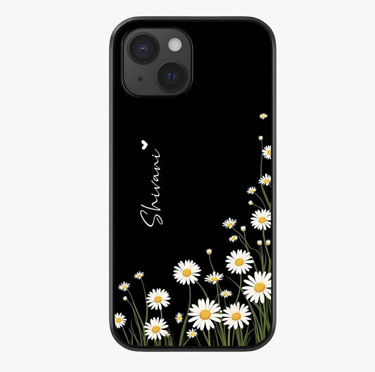 Daisy Cascade Custom Name Glass Case showing full back design in clean flat view with glossy glass finish.