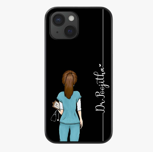 Doctor Pattern Custom Name Glass Case showing full back design in clean flat view with glossy glass finish.