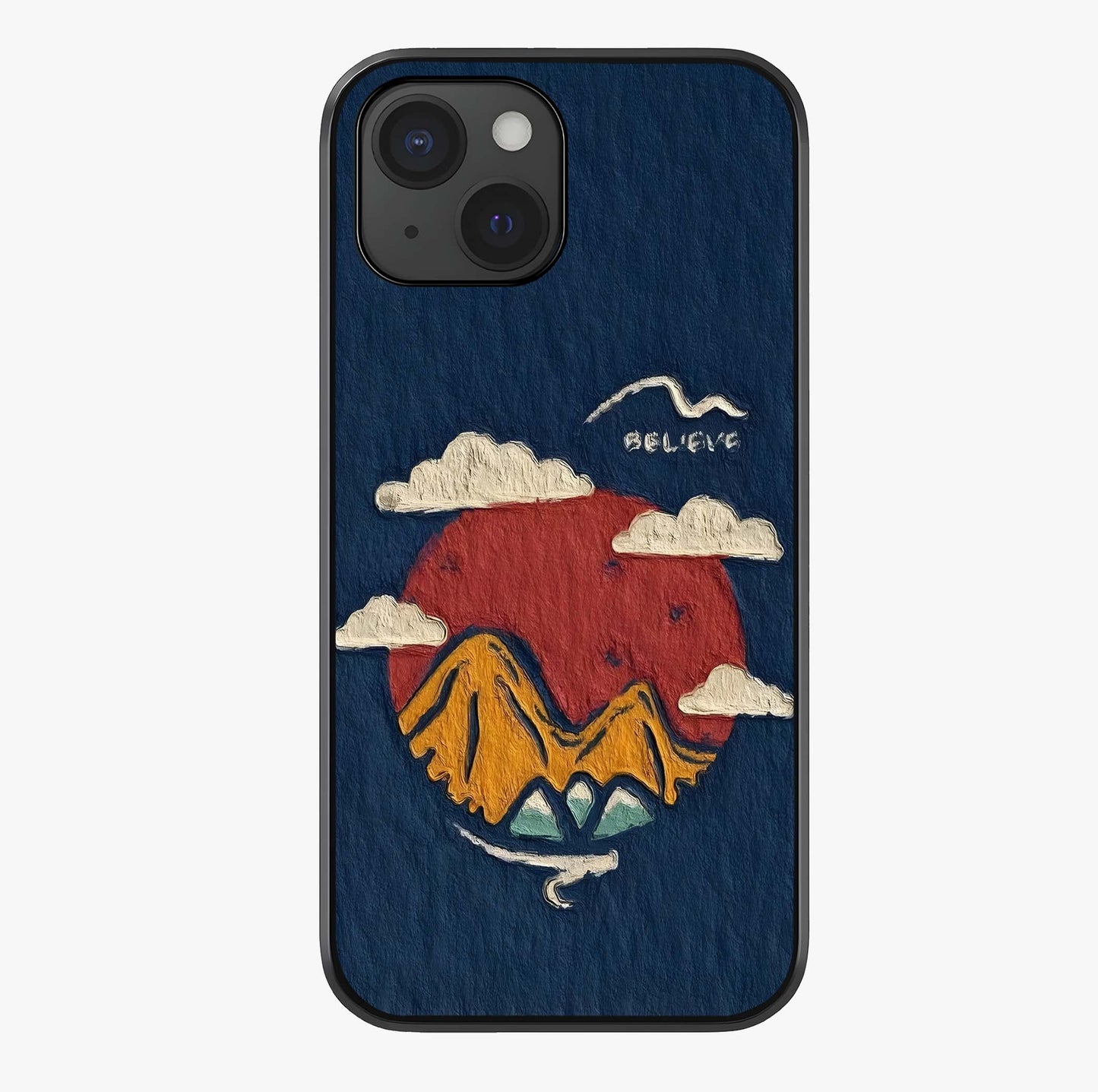 Dream Beyond Mountains Glass Case showing full back design in clean flat view with glossy glass finish.
