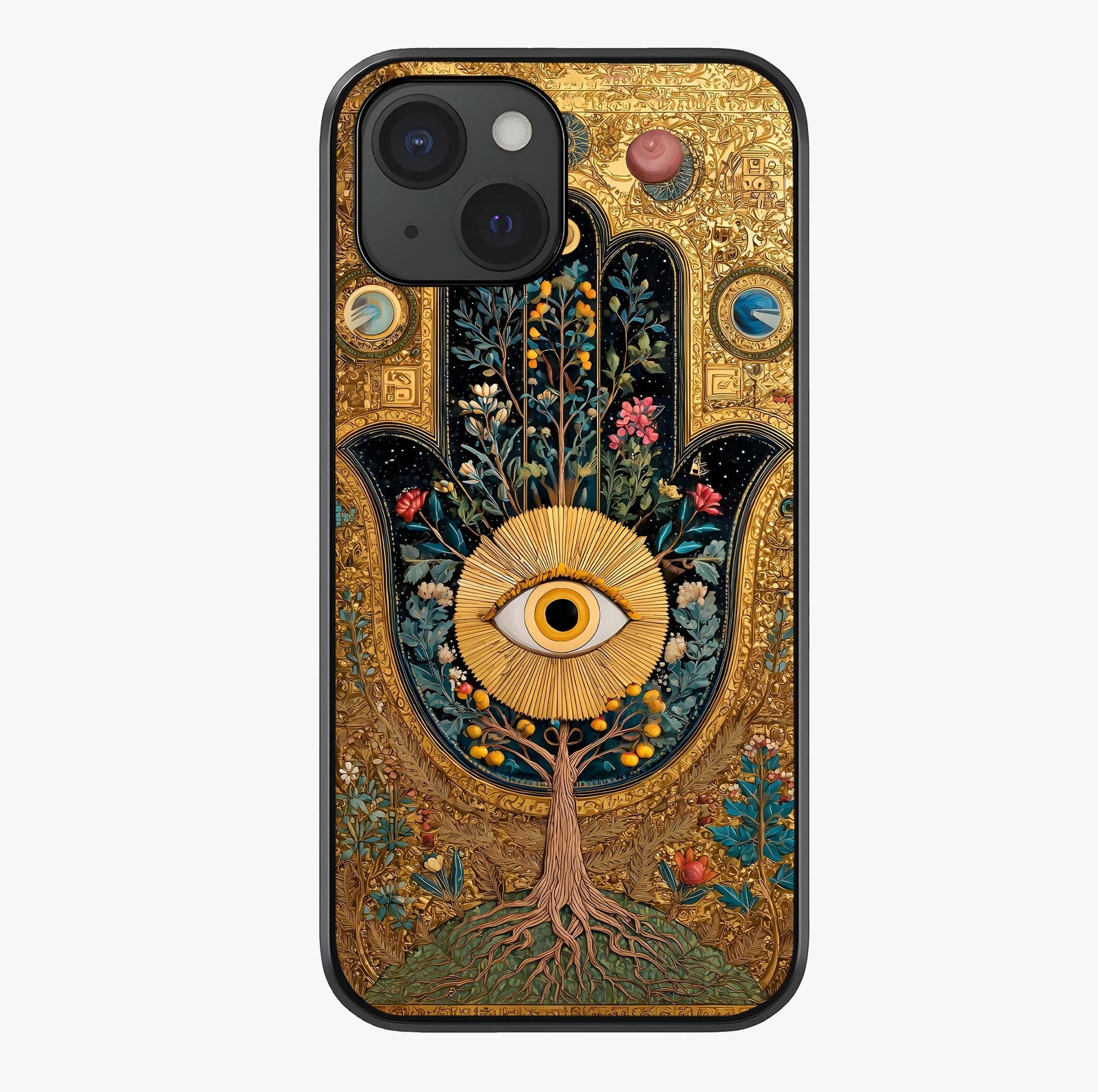 Ethereal Evil Eye Glass Case showing full back design in clean flat view with glossy glass finish.