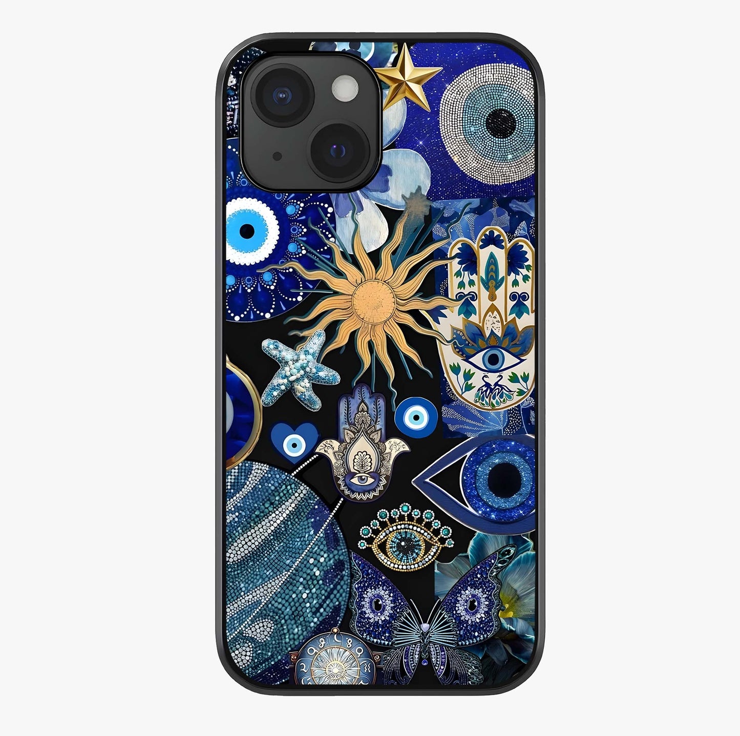 Evil Eye Charm Mix Glass Case showing full back design in clean flat view with glossy glass finish.