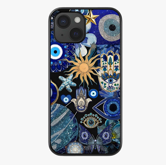 Evil Eye Charm Mix Glass Case showing full back design in clean flat view with glossy glass finish.