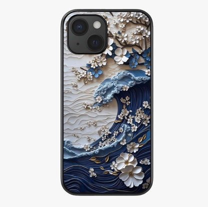 Floral Wave Origami Glass Case showing full back design in clean flat view with glossy glass finish.
