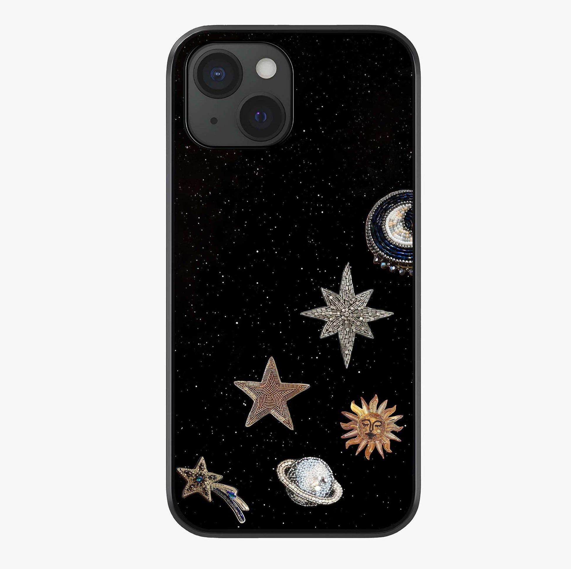 Galactic Charm Glow Glass Case showing full back design in clean flat view with glossy glass finish.