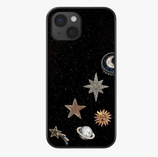Galactic Charm Glow Glass Case showing full back design in clean flat view with glossy glass finish.
