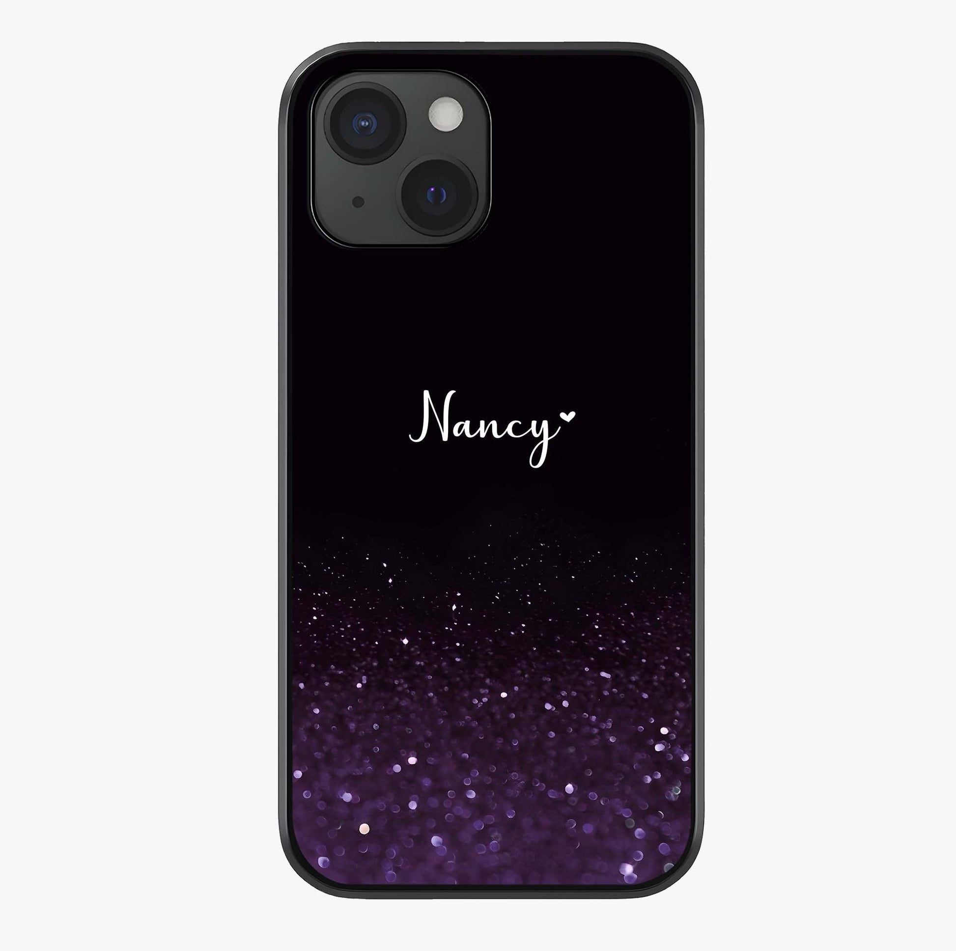 Glittery Purple Bokeh Custom Name Glass Case showing full back design in clean flat view with glossy glass finish.