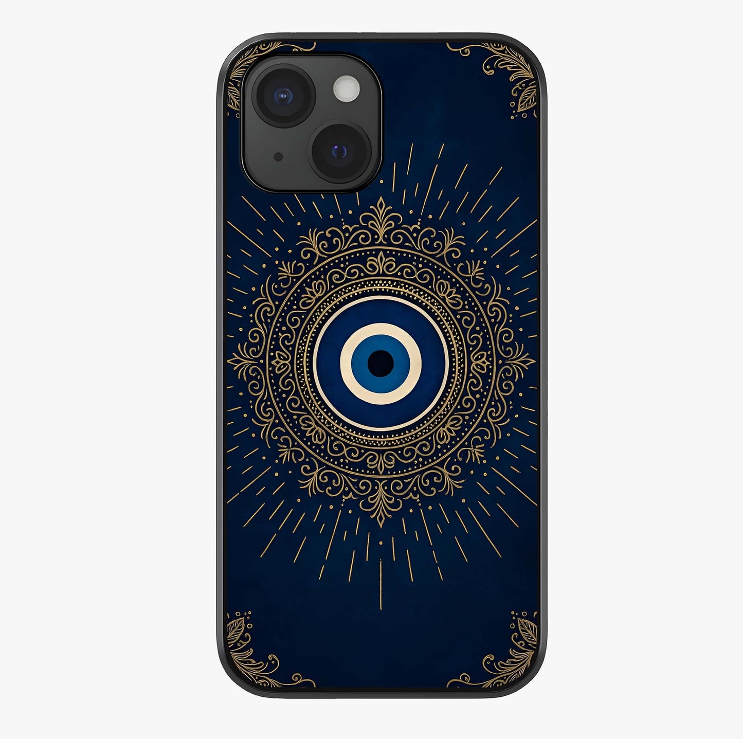 Golden Evil Eye Mandala Glass Case showing full back design in clean flat view with glossy glass finish.