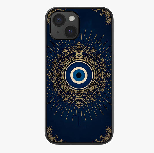 Golden Evil Eye Mandala Glass Case showing full back design in clean flat view with glossy glass finish.