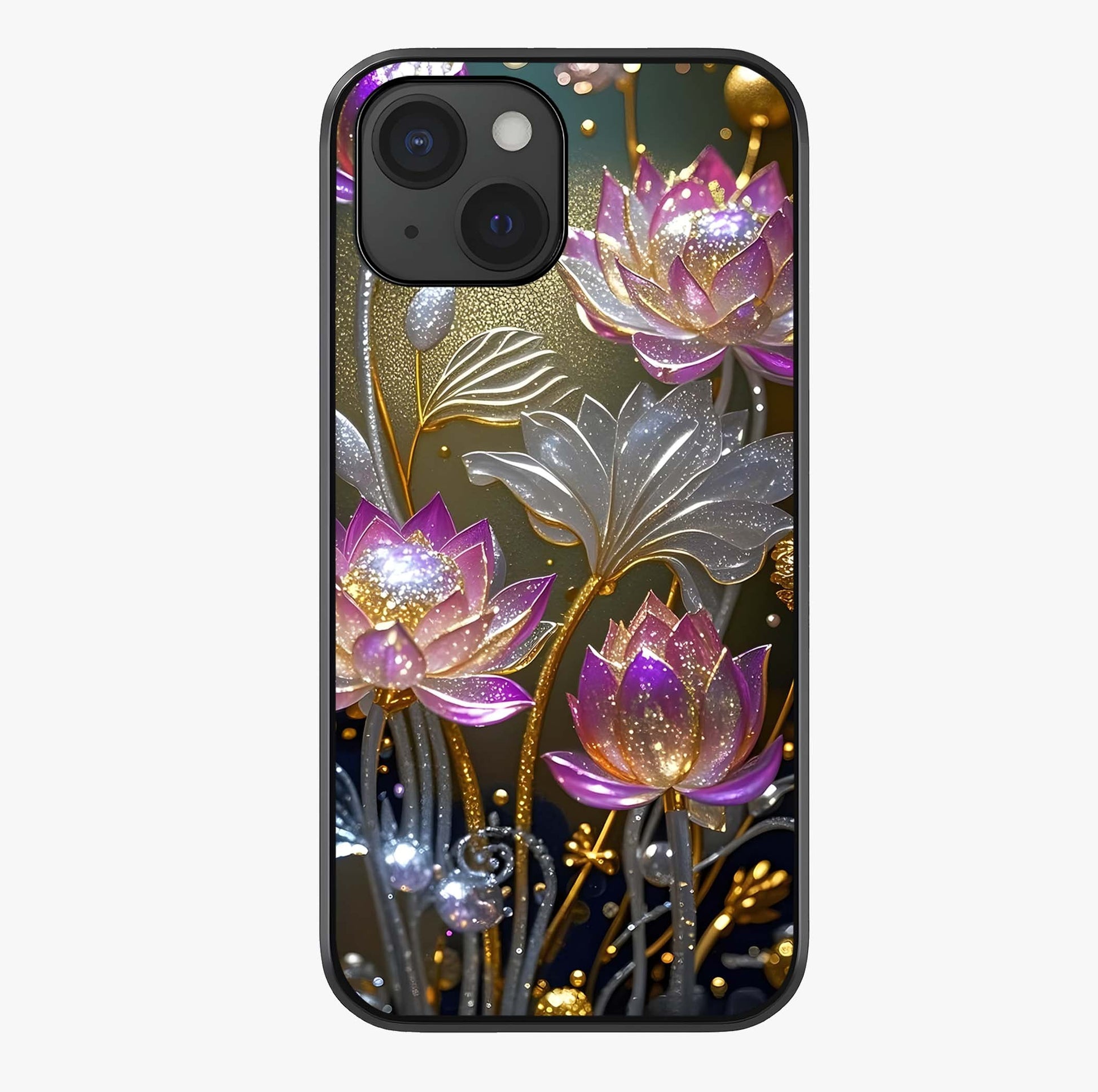 Golden Lotus Glow Glass Case showing full back design in clean flat view with glossy glass finish.