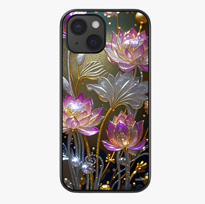 Golden Lotus Glow Glass Case showing full back design in clean flat view with glossy glass finish.