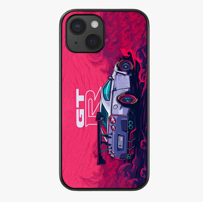 GT R Car Pattern Glass Case showing full back design in clean flat view with glossy glass finish.