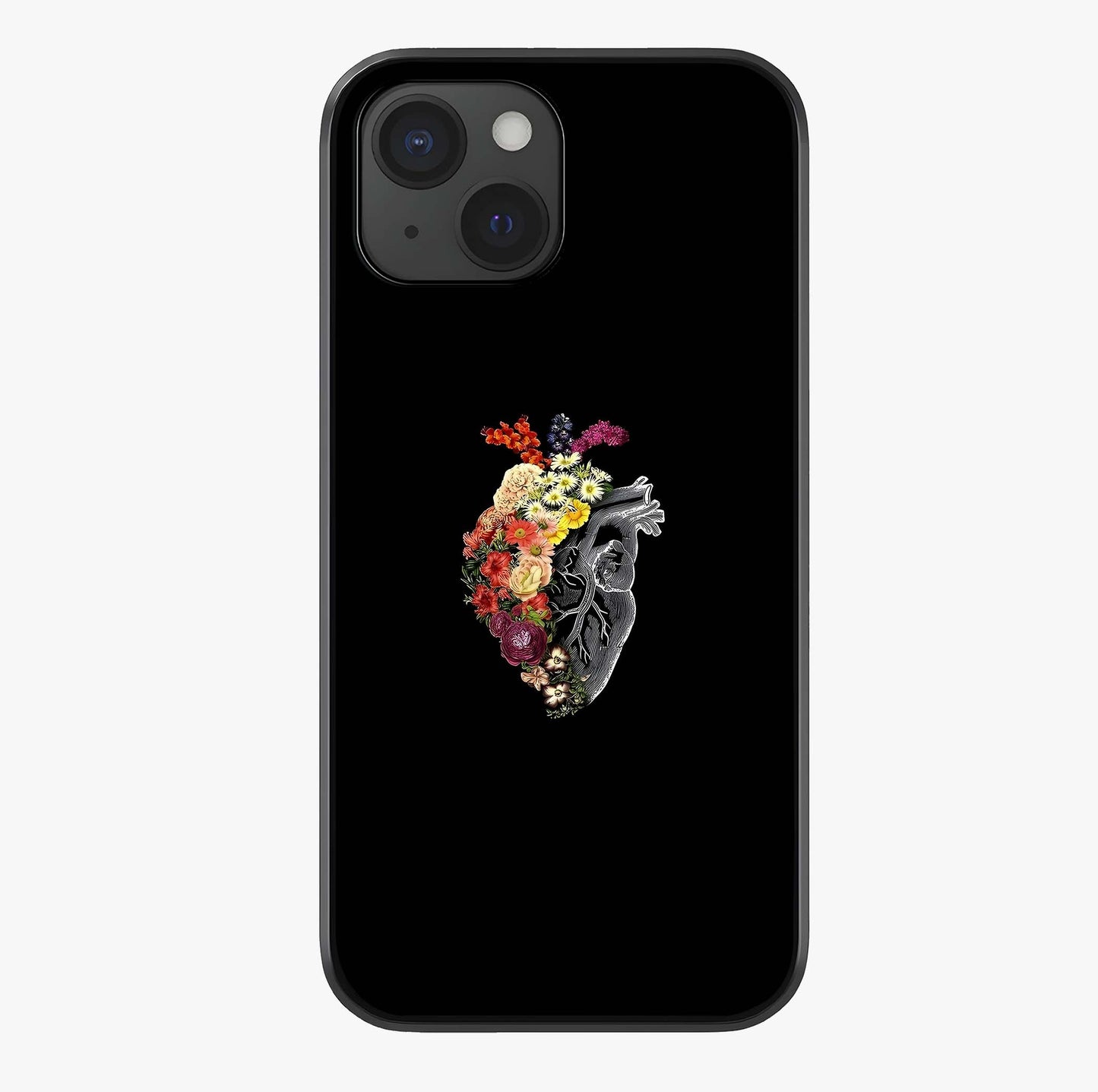 Heart With Flowers Glass Case showing full back design in clean flat view with glossy glass finish.