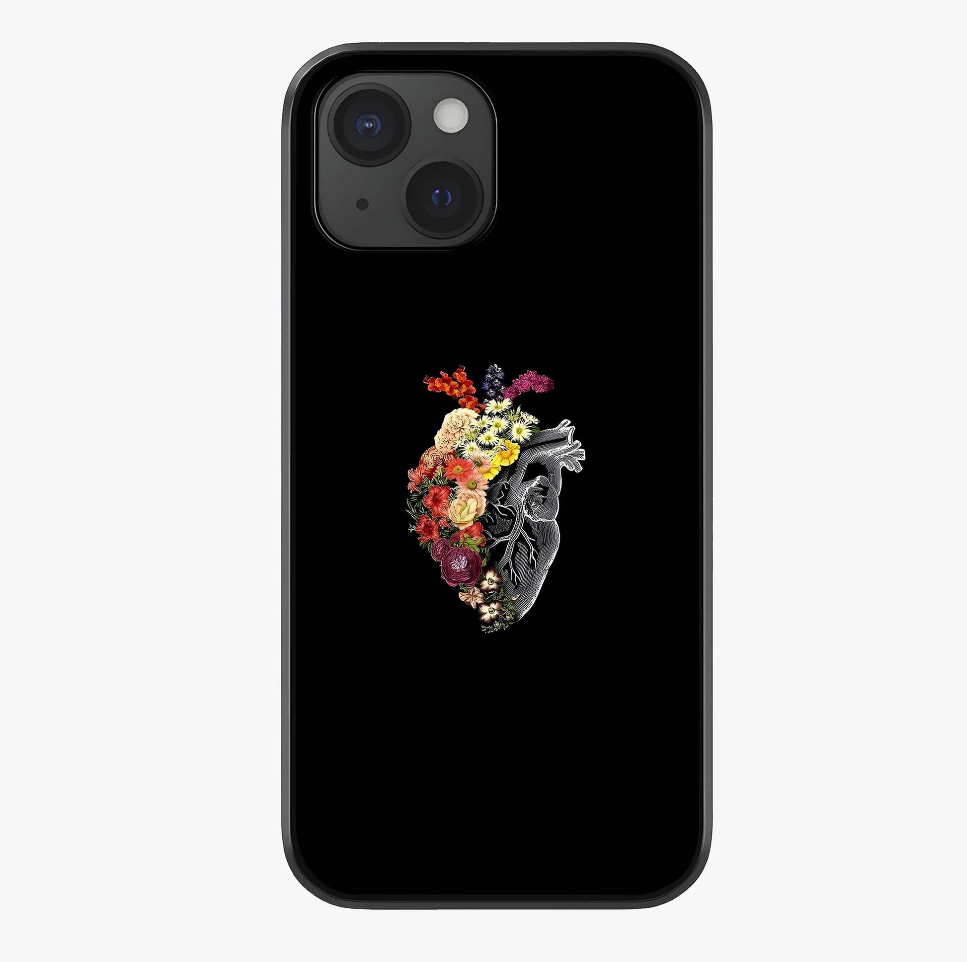 Heart With Flowers Glass Case showing full back design in clean flat view with glossy glass finish.