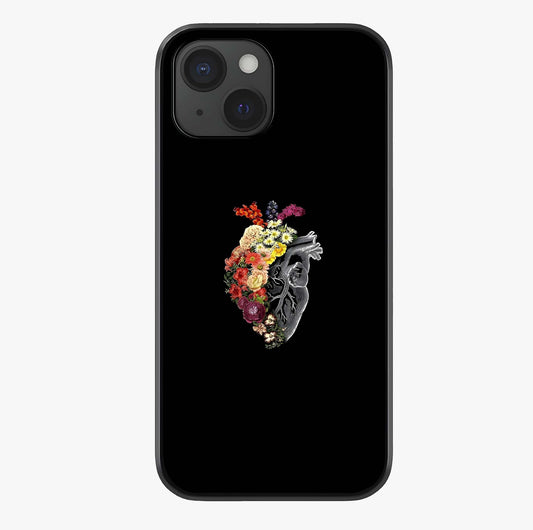 Heart With Flowers Glass Case showing full back design in clean flat view with glossy glass finish.