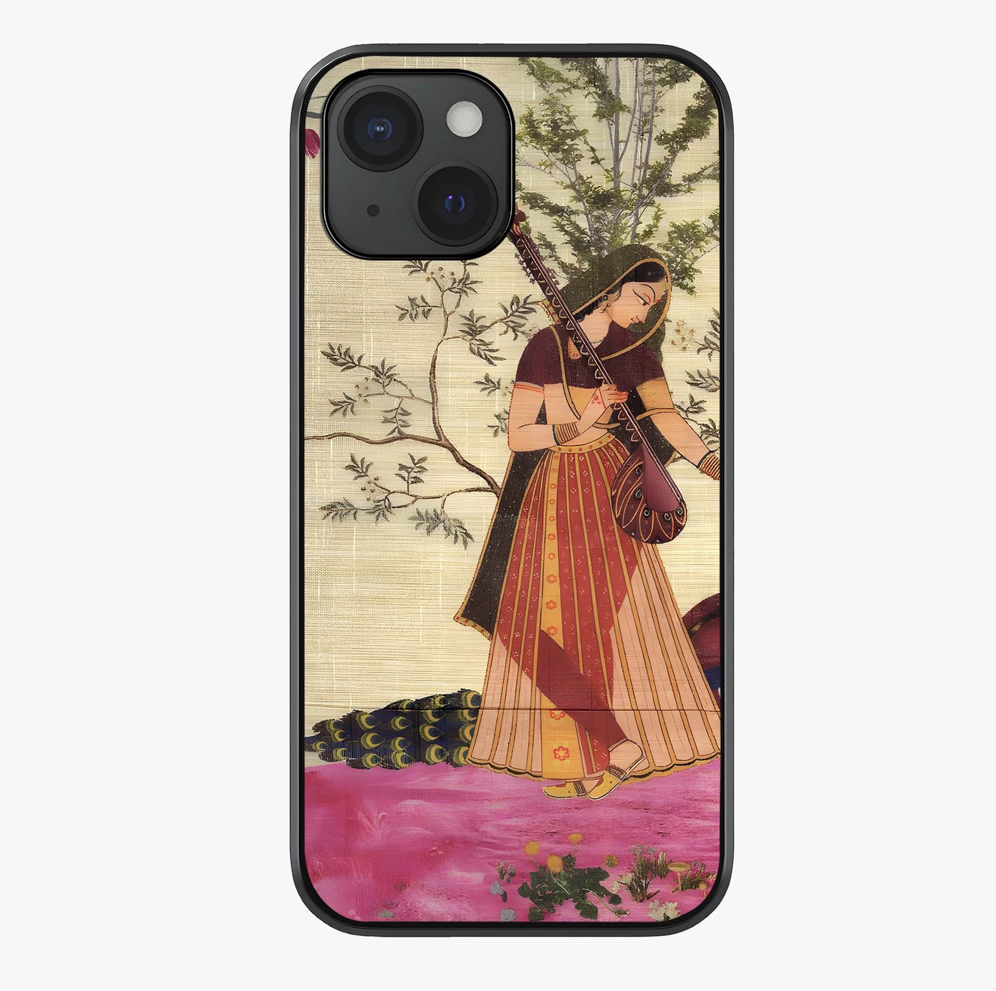 Lady With Veena Art Glass Case showing full back design in clean flat view with glossy glass finish.