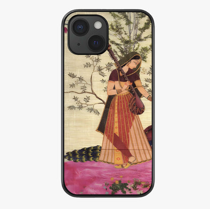 Lady With Veena Art Glass Case showing full back design in clean flat view with glossy glass finish.