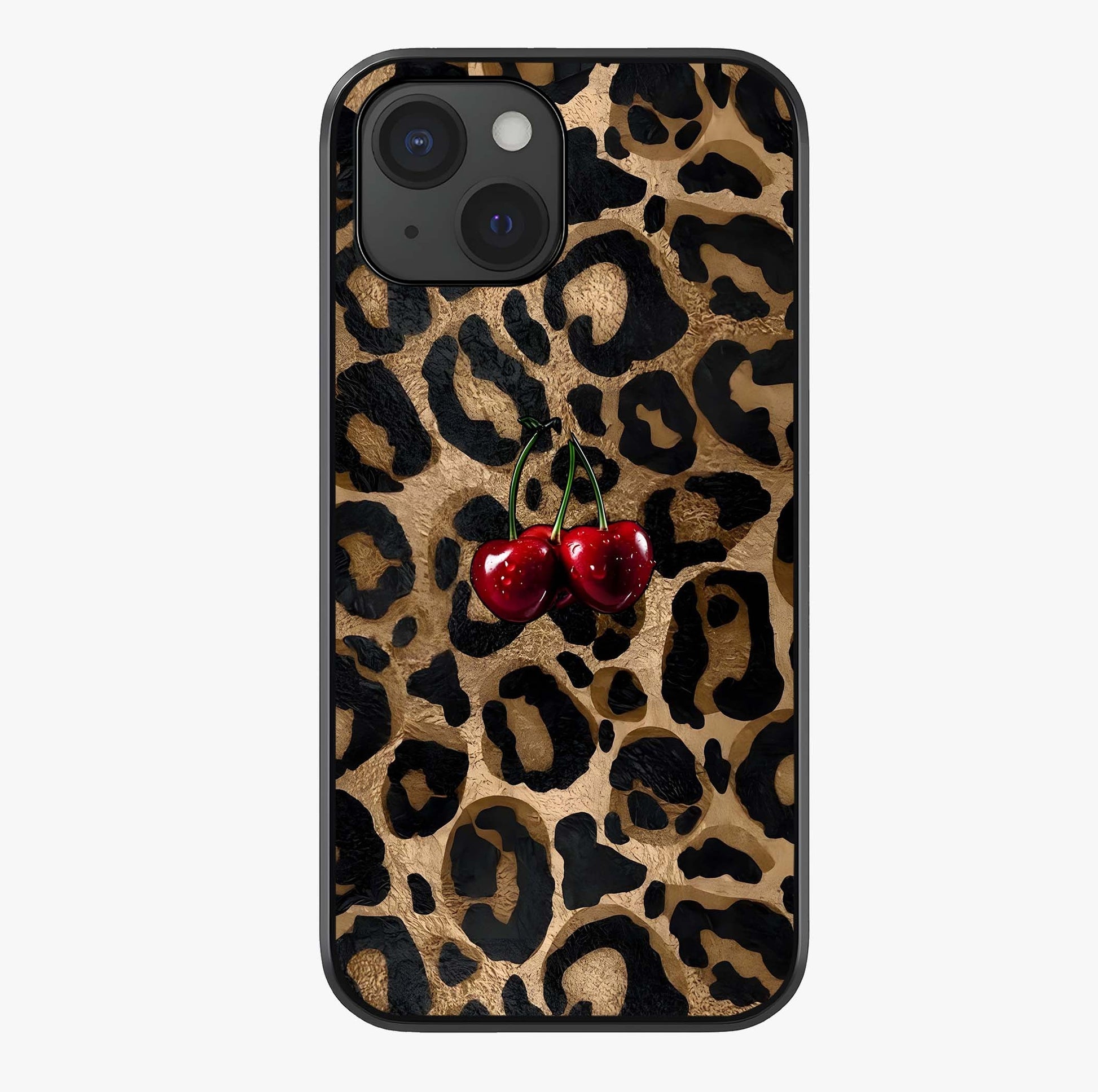 Leopard Wild Cherry Glass Case showing full back design in clean flat view with glossy glass finish.