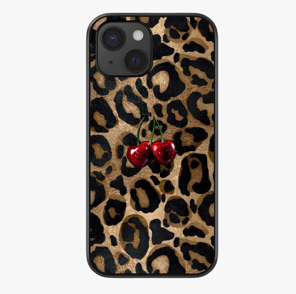Leopard Wild Cherry Glass Case showing full back design in clean flat view with glossy glass finish.