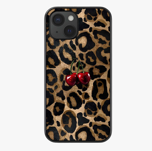 Leopard Wild Cherry Glass Case showing full back design in clean flat view with glossy glass finish.