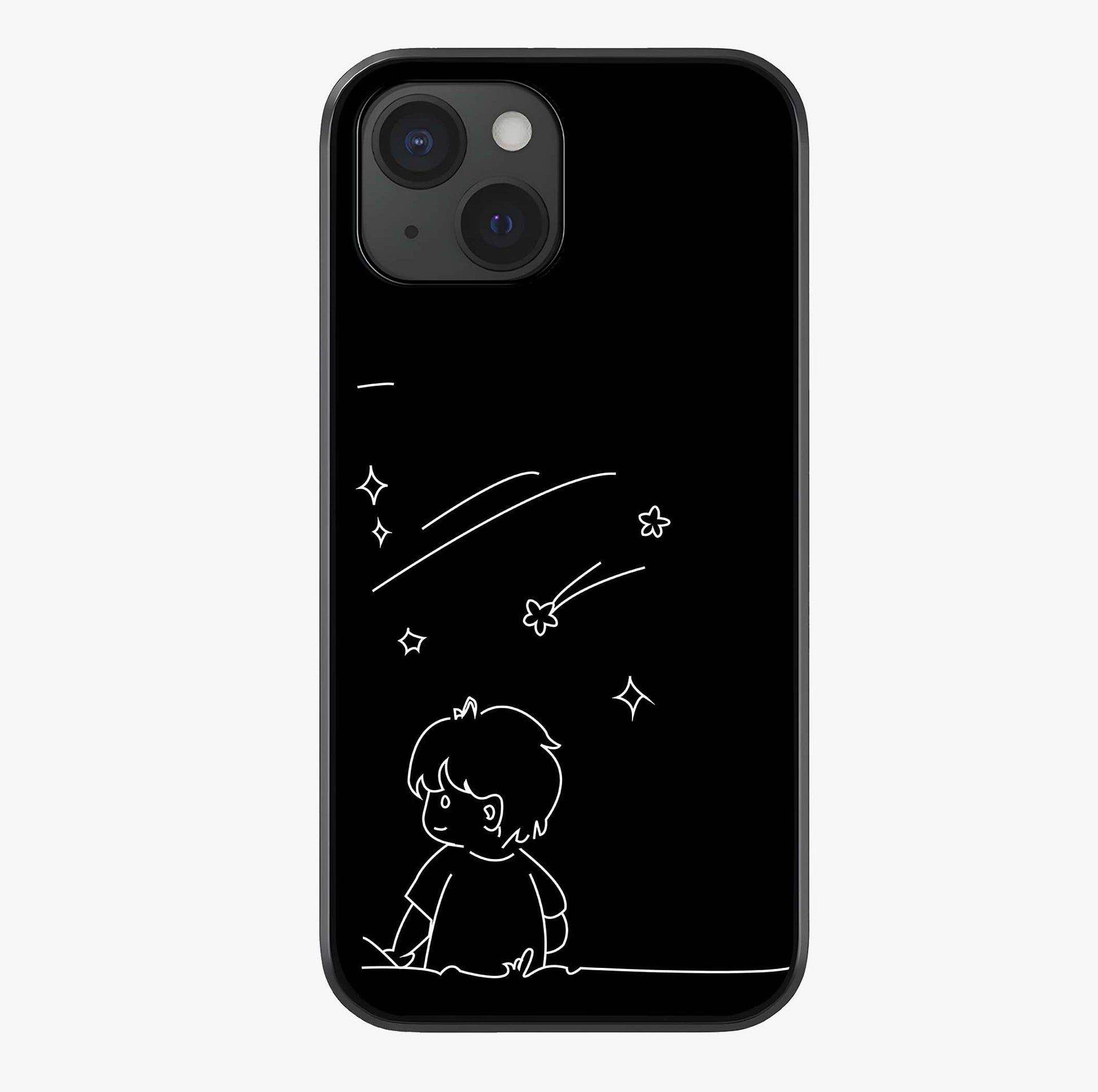 Line Art Boy With Shooting Stars Glass Case showing full back design in clean flat view with glossy glass finish.