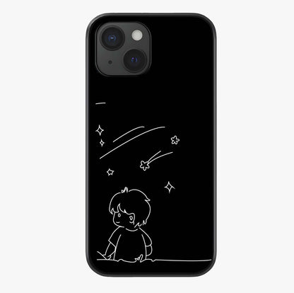 Line Art Boy With Shooting Stars Glass Case showing full back design in clean flat view with glossy glass finish.