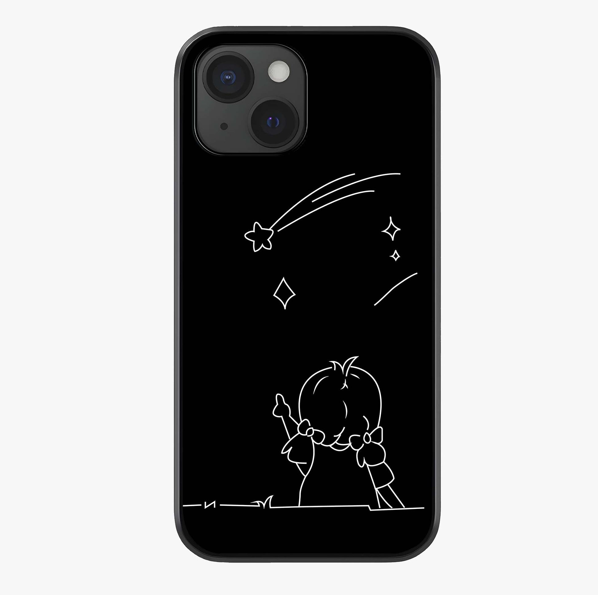 Line Art Girl With Shooting Stars Glass Case showing full back design in clean flat view with glossy glass finish.